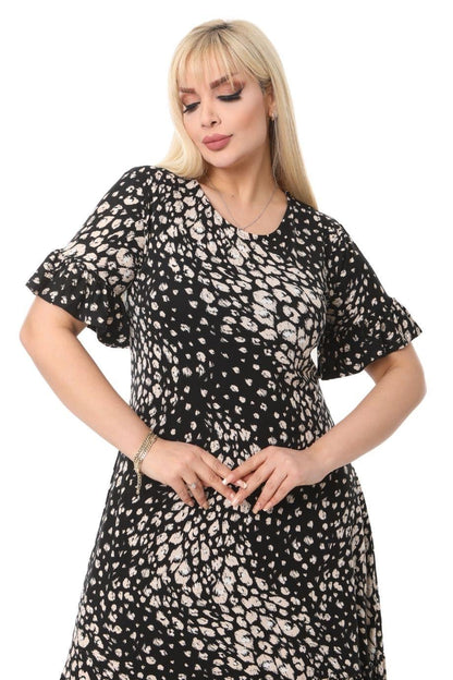 Pebble Pattern Pocket Ruffle Short Sleeve Women's Midi Plus Size Dress - Denoss