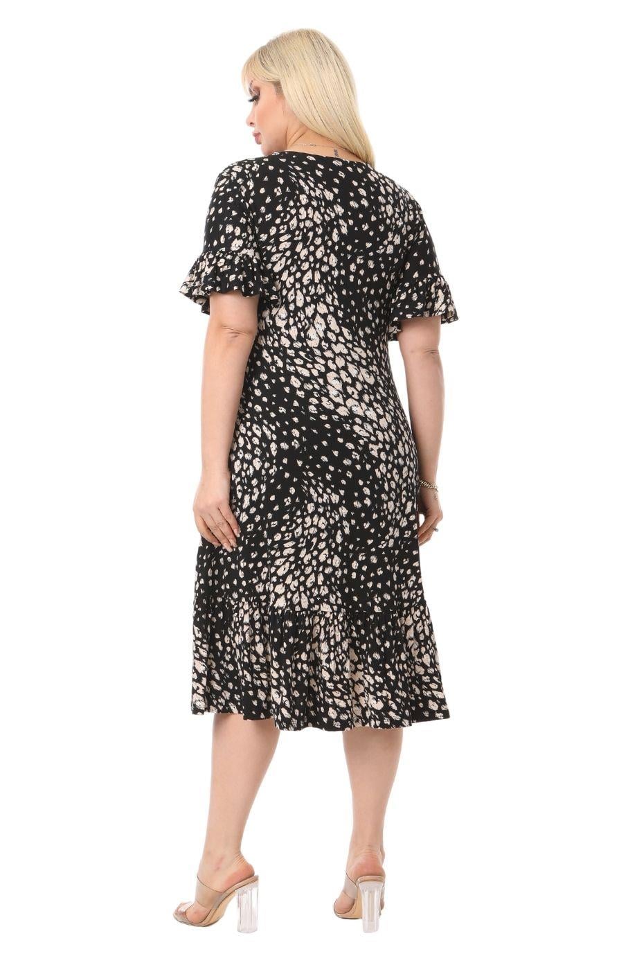 Pebble Pattern Pocket Ruffle Short Sleeve Women's Midi Plus Size Dress - Denoss