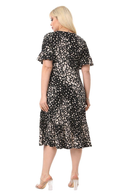 Pebble Pattern Pocket Ruffle Short Sleeve Women's Midi Plus Size Dress - Denoss