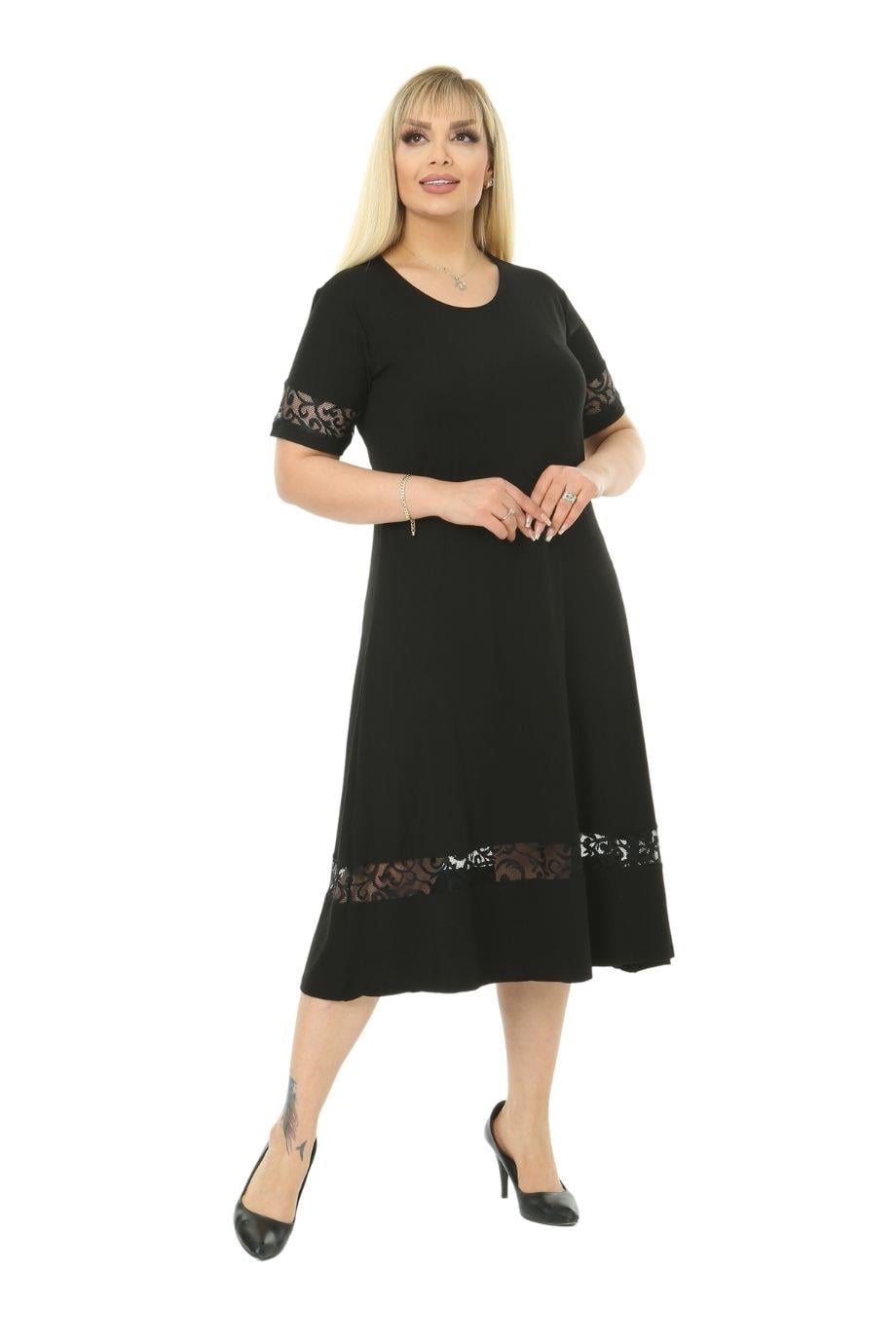 Lace Detail Black Women's Plus Size Midi Dress - Denoss