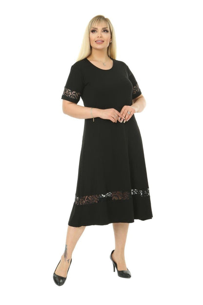 Lace Detail Black Women's Plus Size Midi Dress - Denoss