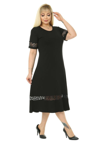 Lace Detail Black Women's Plus Size Midi Dress - Denoss
