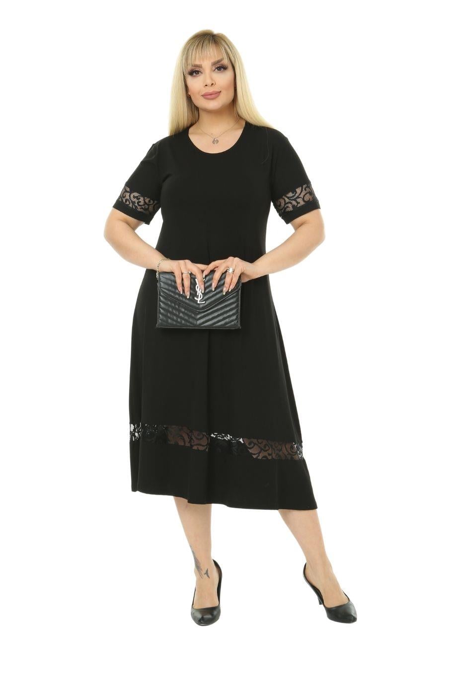 Lace Detail Black Women's Plus Size Midi Dress - Denoss