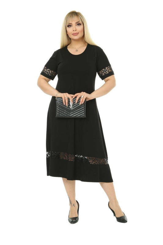 Lace Detail Black Women's Plus Size Midi Dress - Denoss