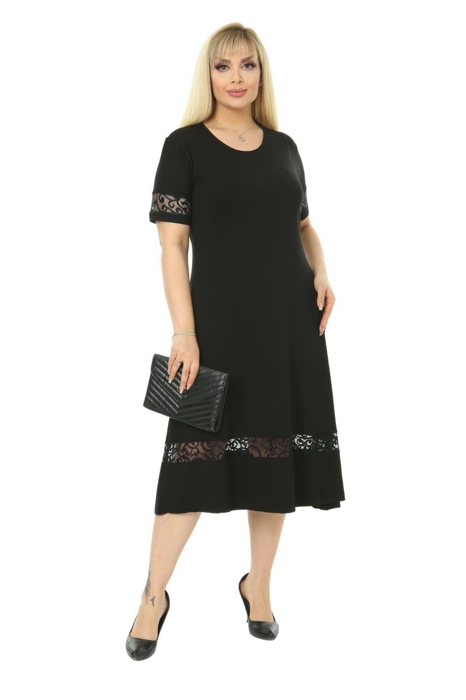 Lace Detail Black Women's Plus Size Midi Dress - Denoss