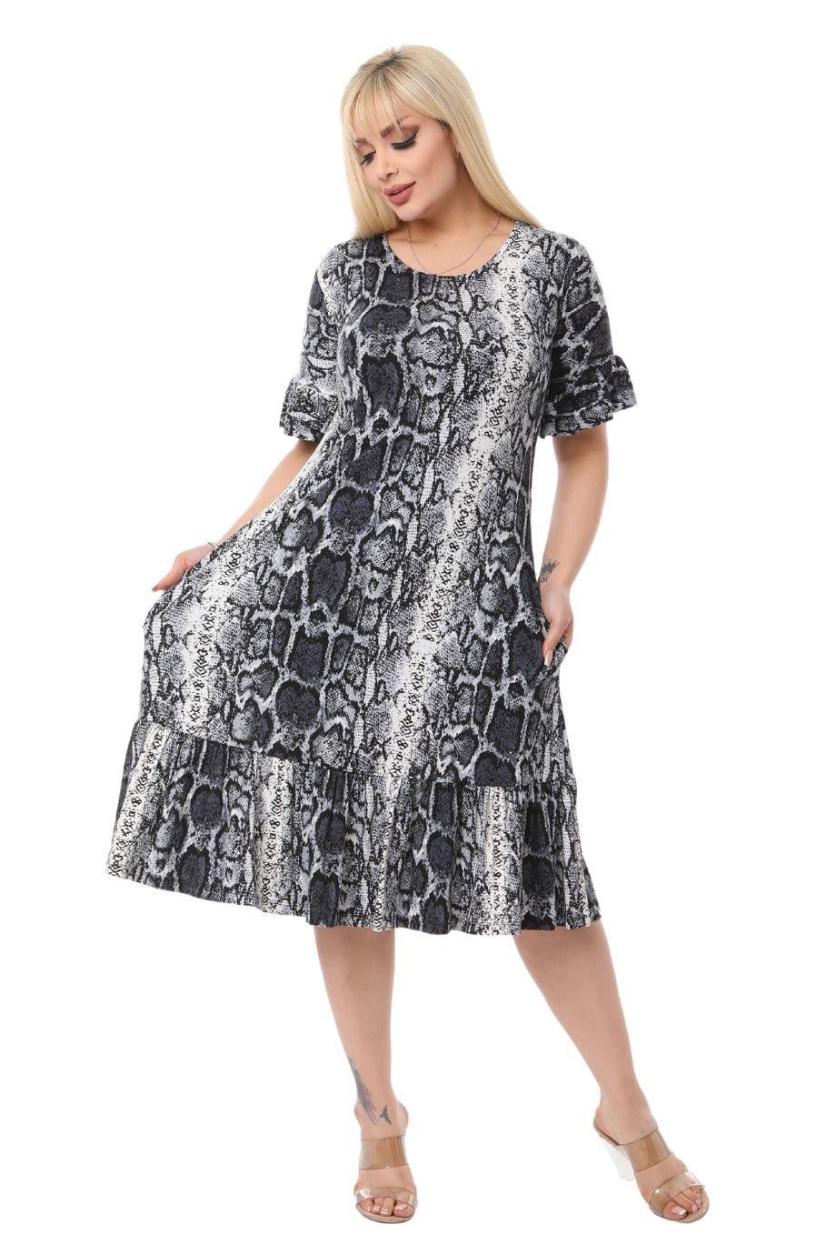 Gray Snake Skin Pocket Ruffle Short Sleeve Women's Midi Plus Size Dress - Denoss