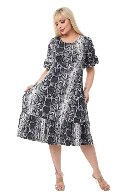 Gray Snake Skin Pocket Ruffle Short Sleeve Women's Midi Plus Size Dress - Denoss