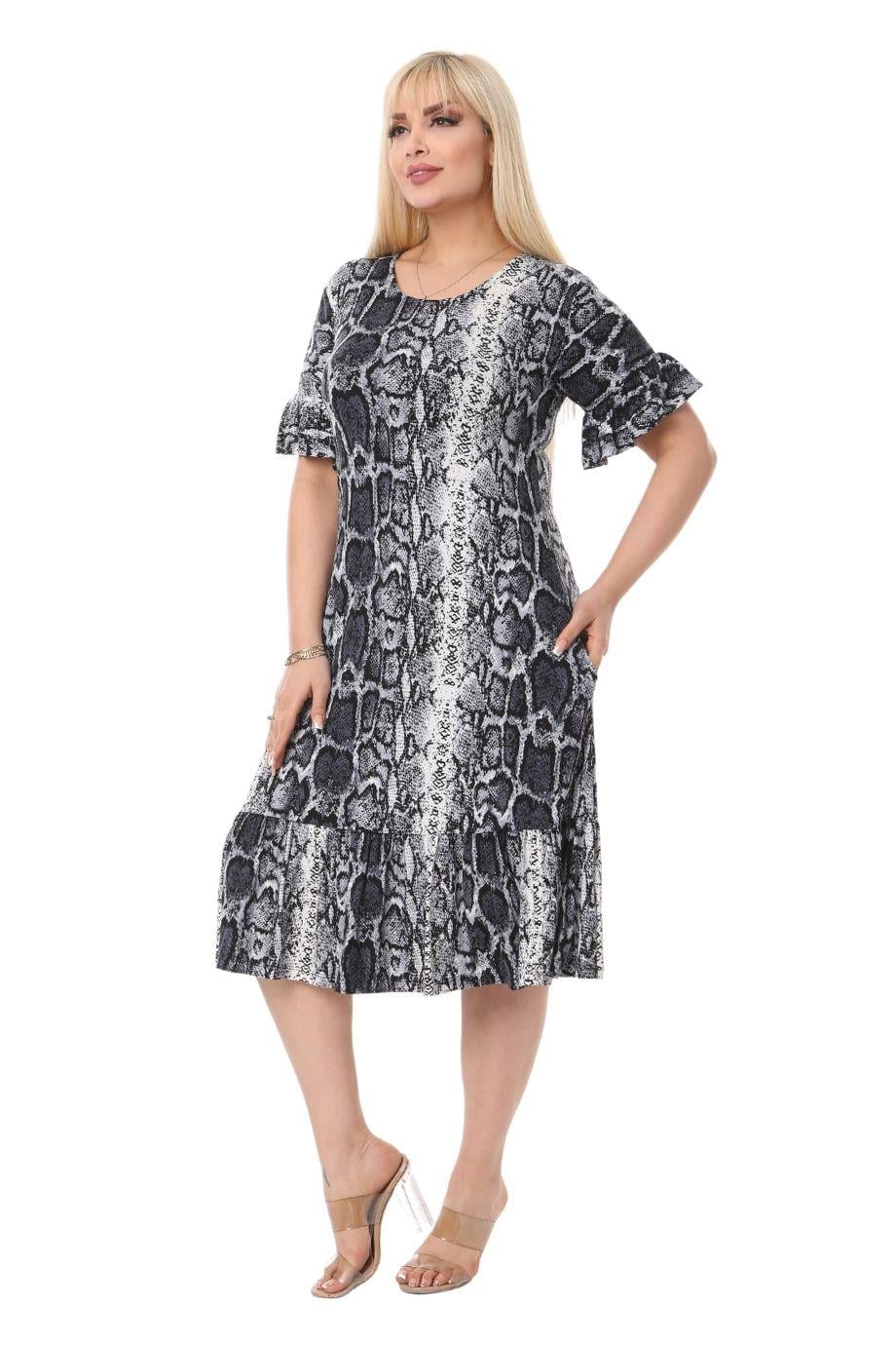 Gray Snake Skin Pocket Ruffle Short Sleeve Women's Midi Plus Size Dress - Denoss