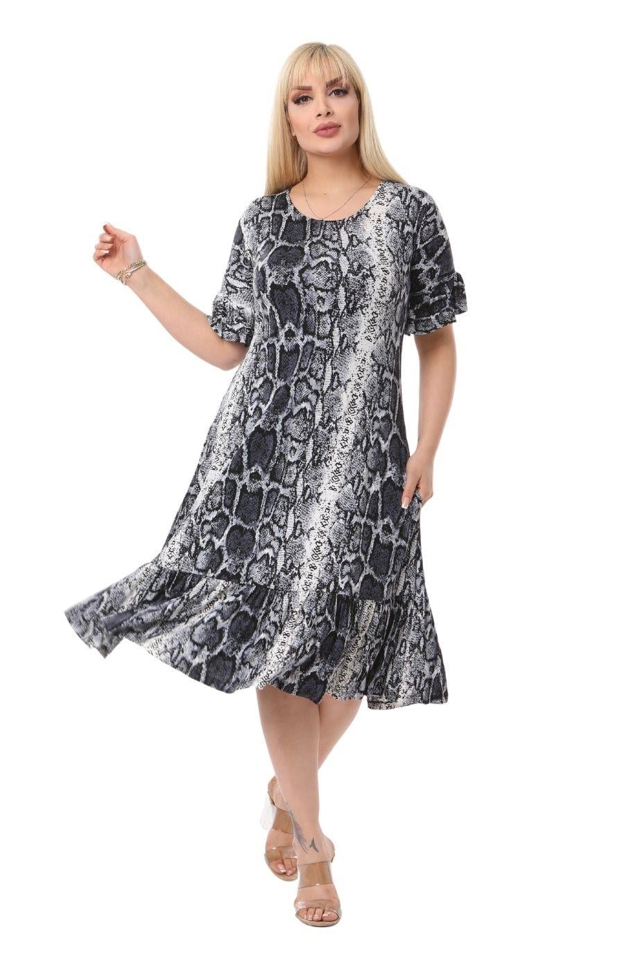 Gray Snake Skin Pocket Ruffle Short Sleeve Women's Midi Plus Size Dress - Denoss