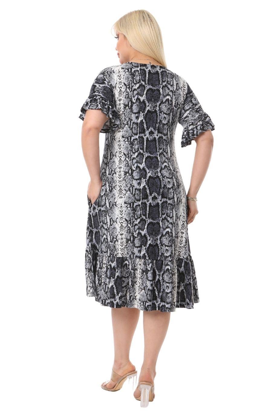 Gray Snake Skin Pocket Ruffle Short Sleeve Women's Midi Plus Size Dress - Denoss