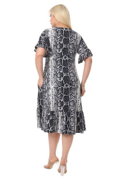 Gray Snake Skin Pocket Ruffle Short Sleeve Women's Midi Plus Size Dress - Denoss