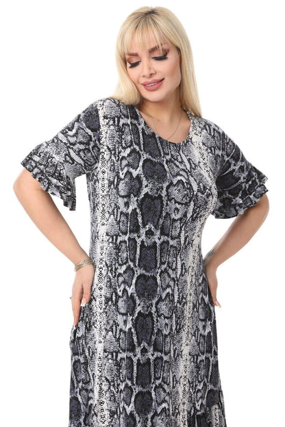 Gray Snake Skin Pocket Ruffle Short Sleeve Women's Midi Plus Size Dress - Denoss