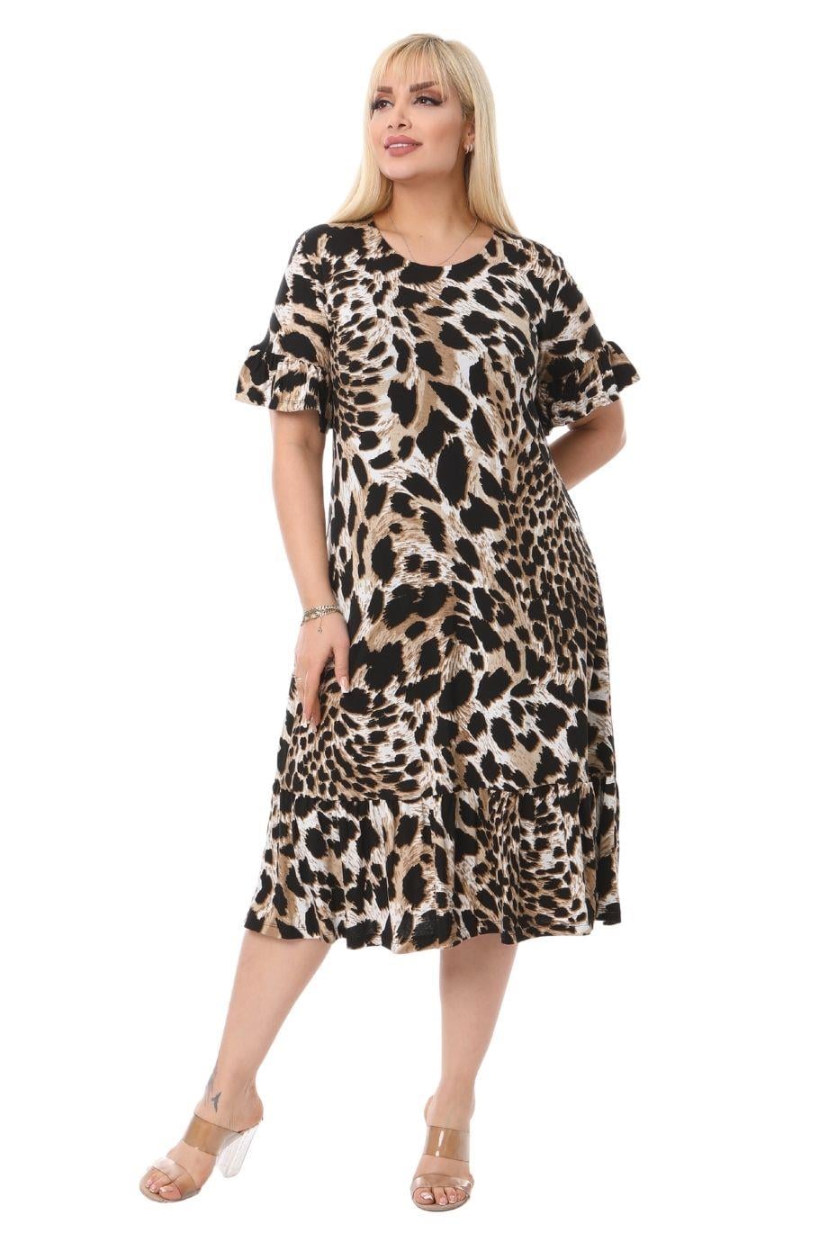 Tiger Pocket Ruffle Short Sleeve Women's Midi Plus Size Dress - Denoss