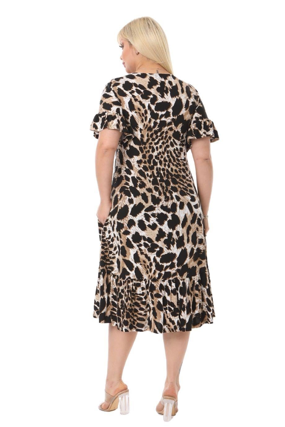 Tiger Pocket Ruffle Short Sleeve Women's Midi Plus Size Dress - Denoss
