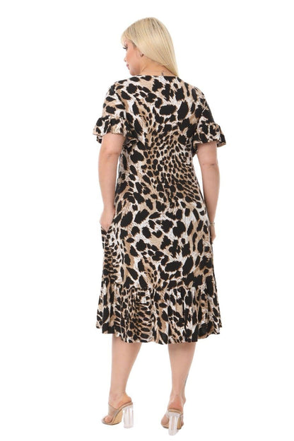 Tiger Pocket Ruffle Short Sleeve Women's Midi Plus Size Dress - Denoss