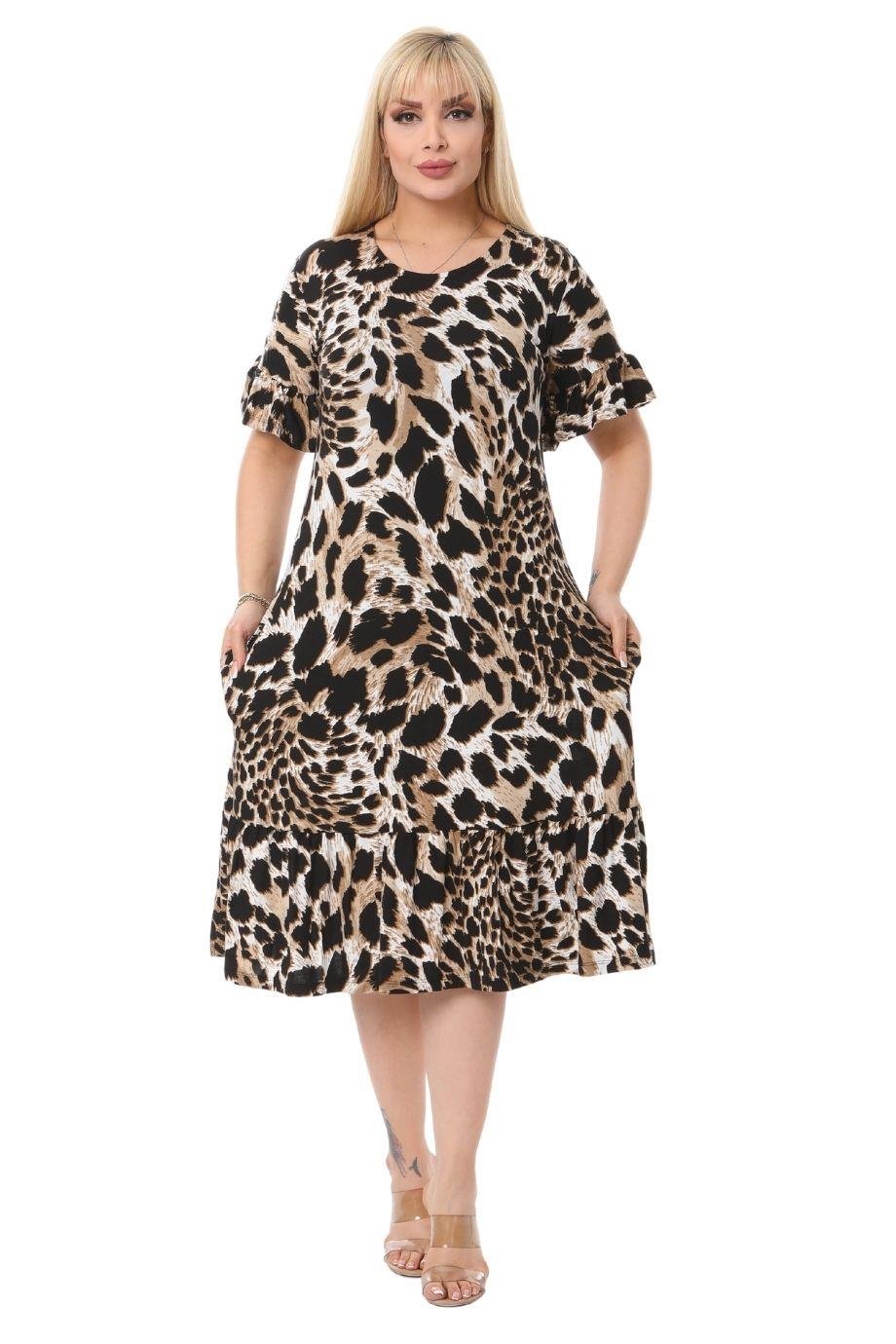 Tiger Pocket Ruffle Short Sleeve Women's Midi Plus Size Dress - Denoss