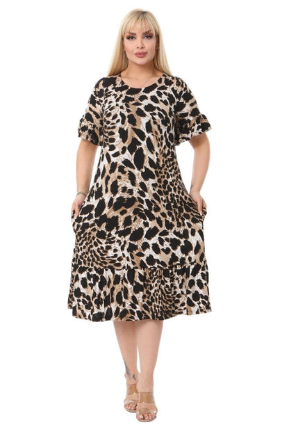 Tiger Pocket Ruffle Short Sleeve Women's Midi Plus Size Dress - Denoss