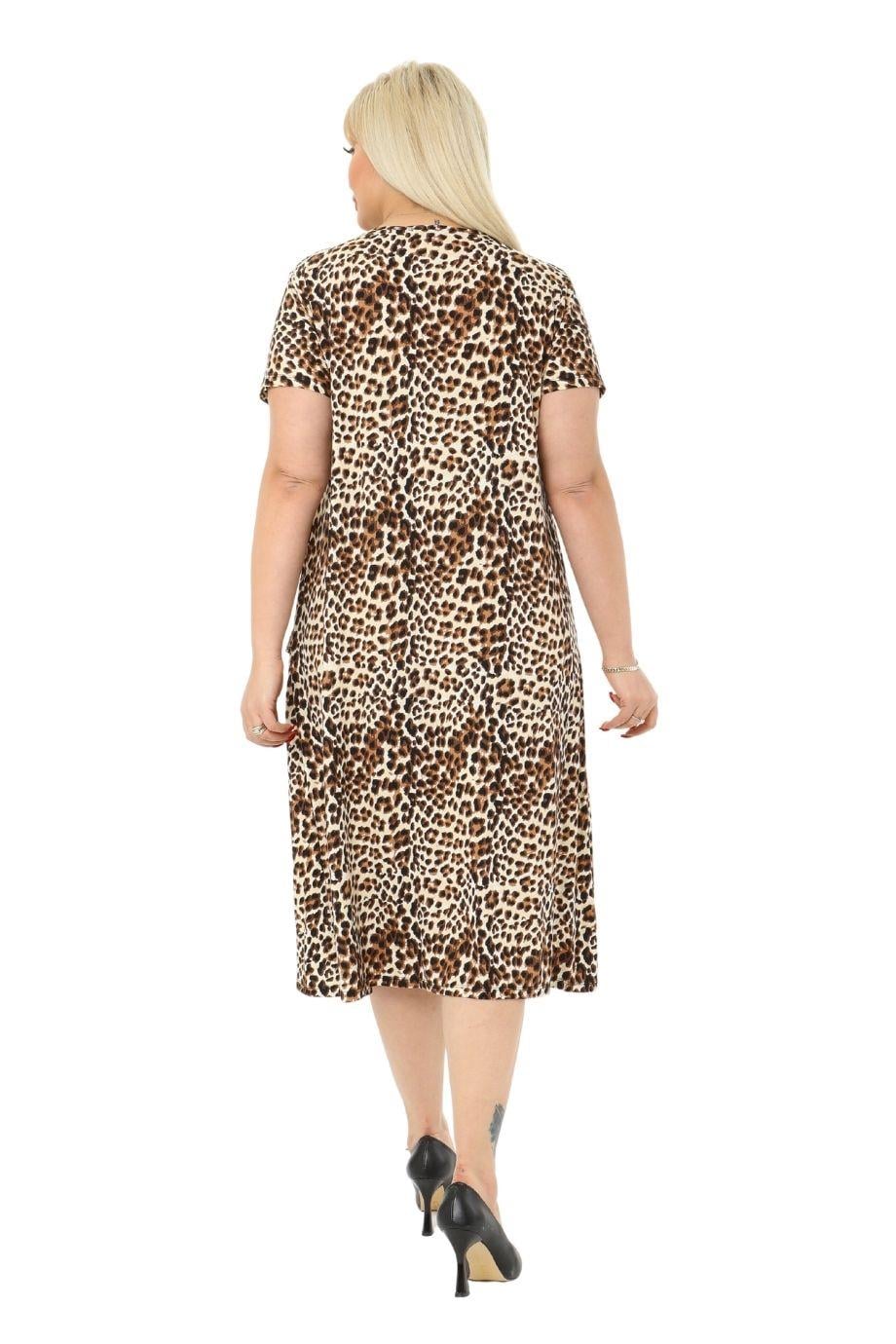 Small Leopard Pattern Pocket Short Sleeve Women's Midi Dress - Denoss