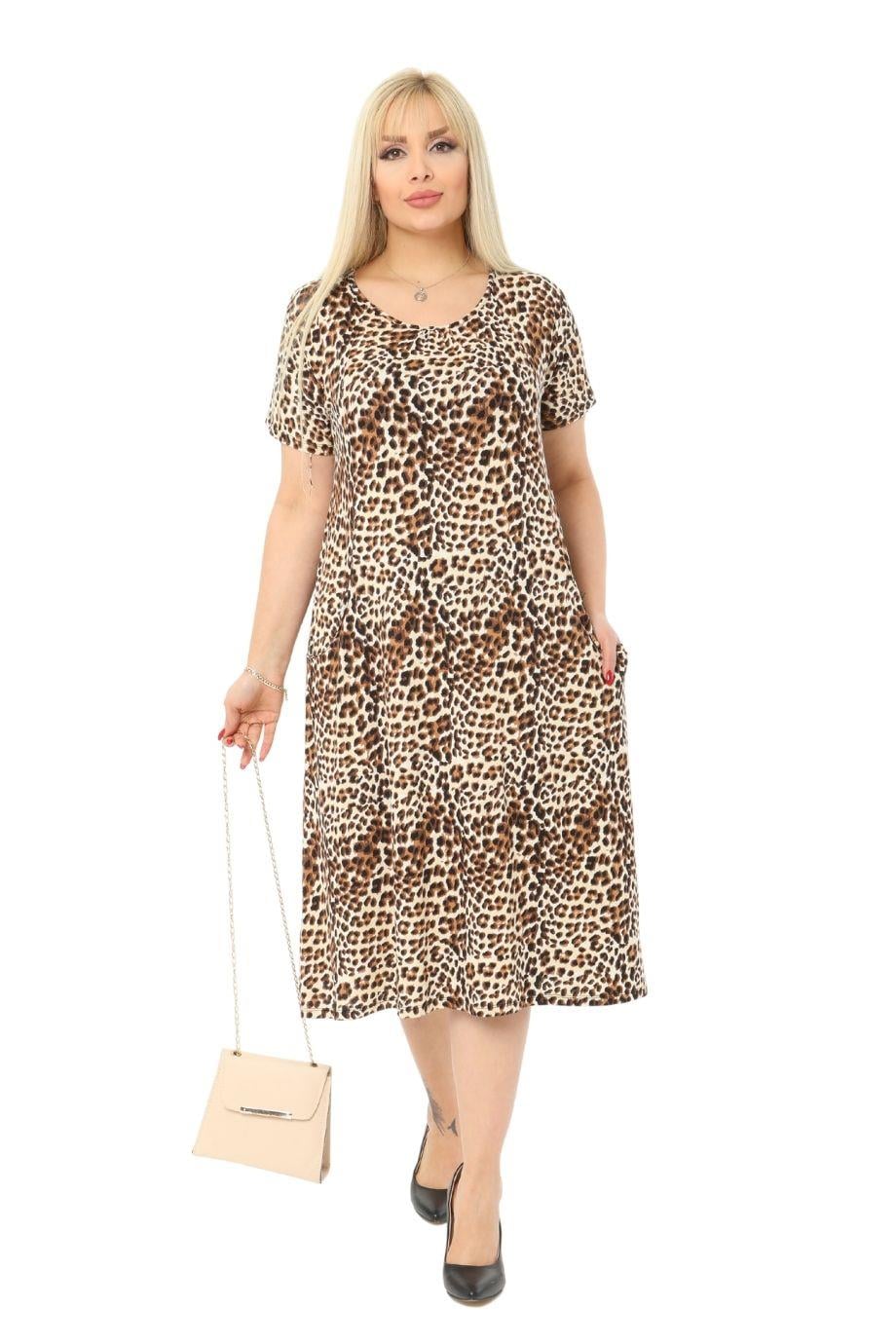 Small Leopard Pattern Pocket Short Sleeve Women's Midi Dress - Denoss