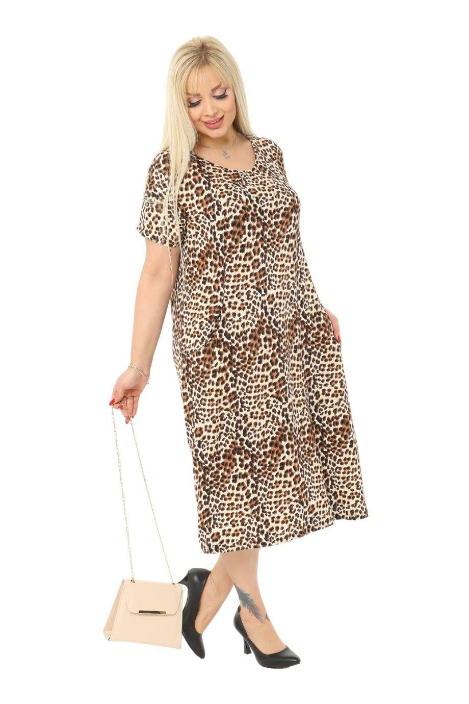 Small Leopard Pattern Pocket Short Sleeve Women's Midi Dress - Denoss