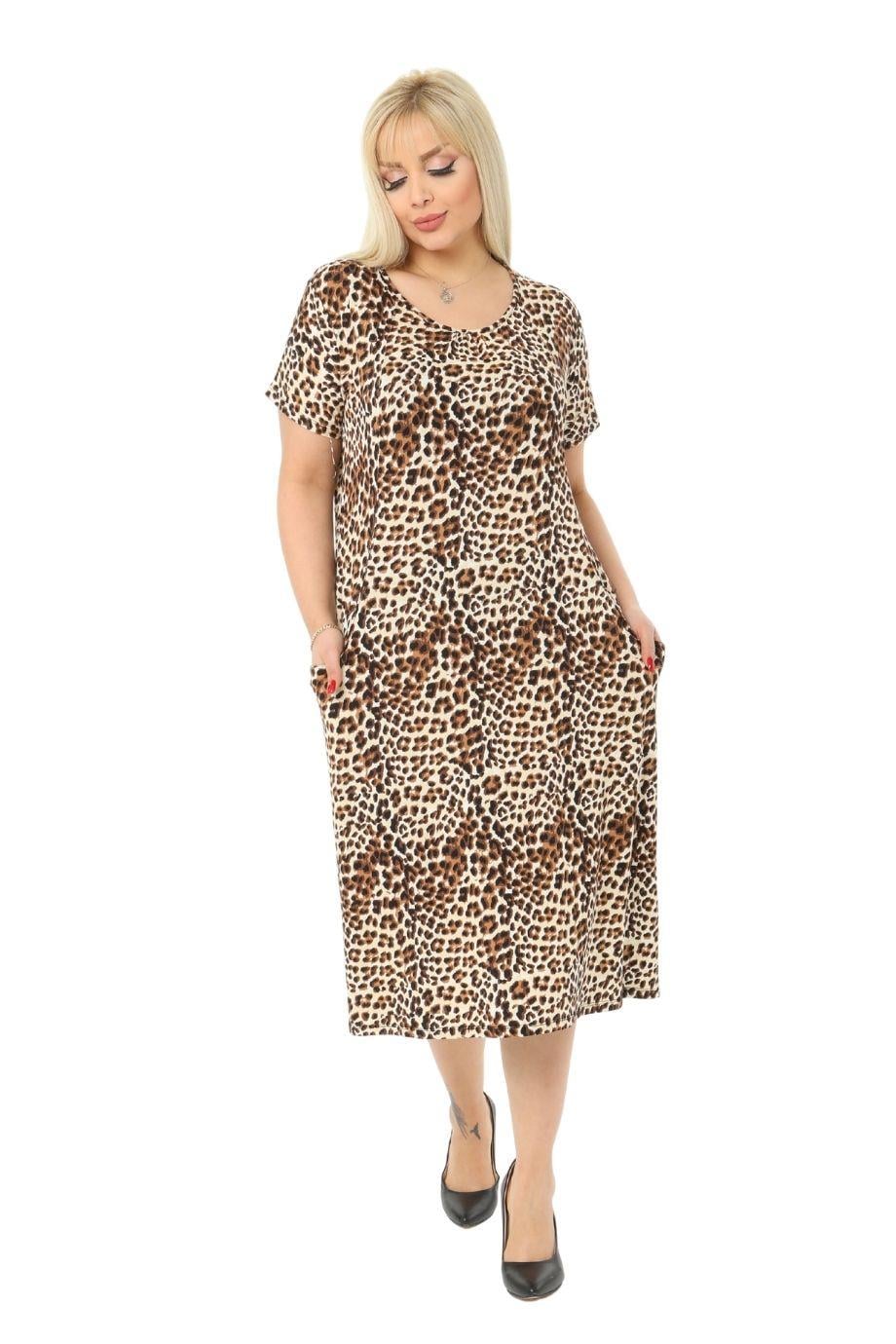 Small Leopard Pattern Pocket Short Sleeve Women's Midi Dress - Denoss