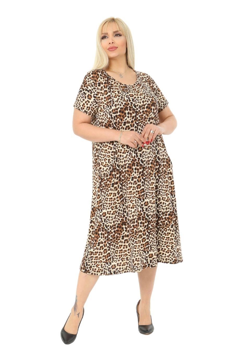 Small Leopard Pattern Pocket Short Sleeve Women's Midi Dress - Denoss