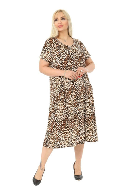 Small Leopard Pattern Pocket Short Sleeve Women's Midi Dress - Denoss