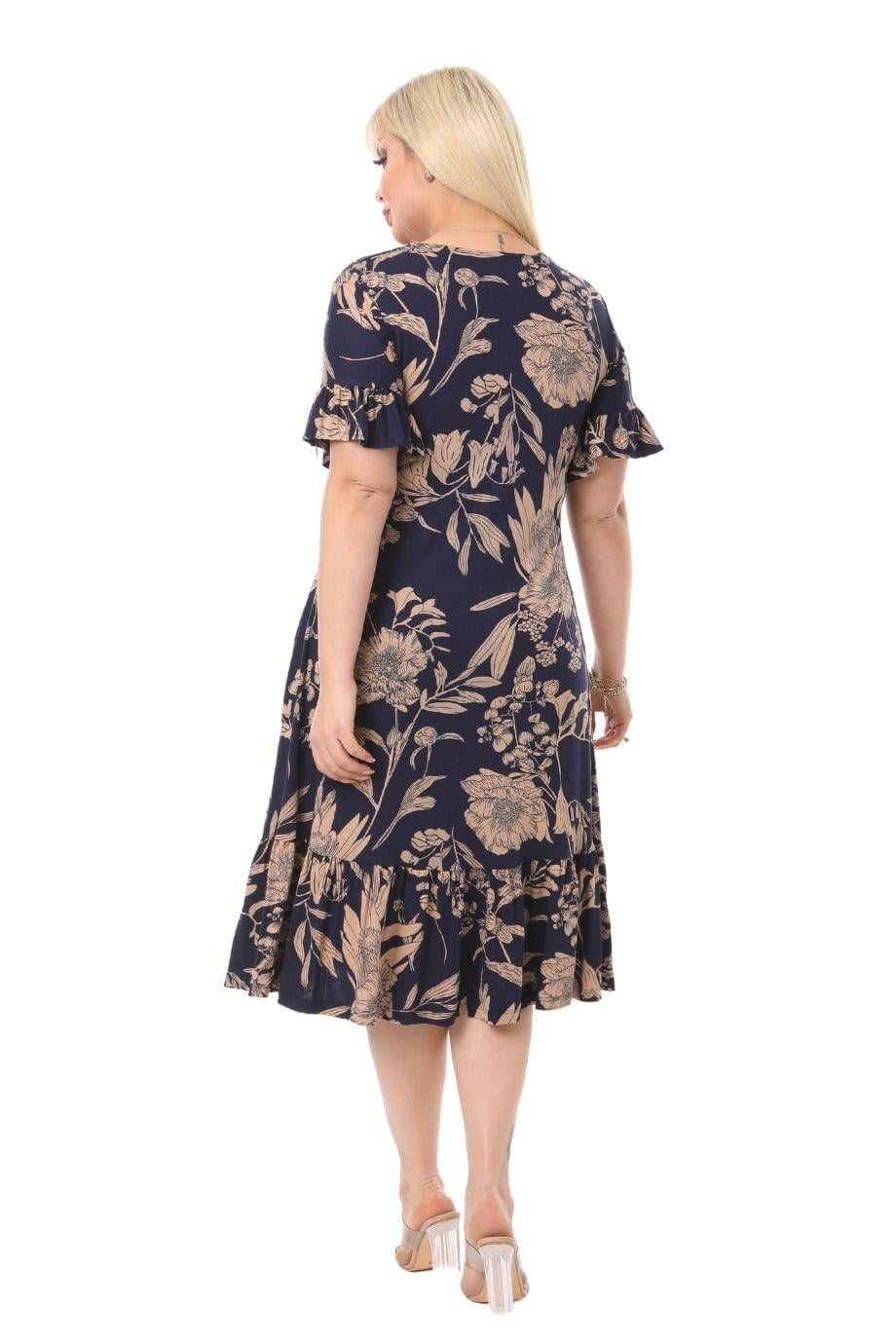 Navy Palm Ruffle Short Sleeve Women's Midi Plus Size Dress - Denoss