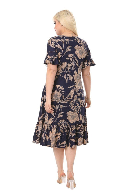 Navy Palm Ruffle Short Sleeve Women's Midi Plus Size Dress - Denoss