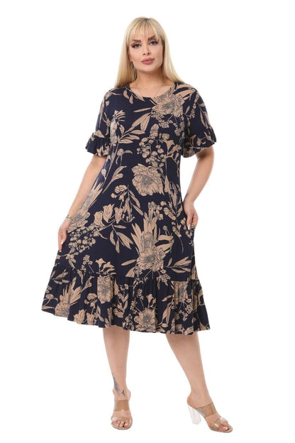 Navy Palm Ruffle Short Sleeve Women's Midi Plus Size Dress - Denoss
