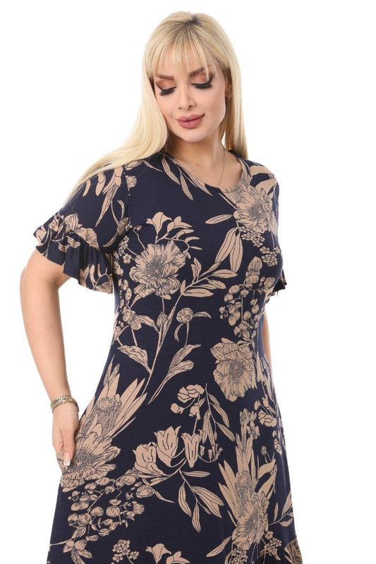 Navy Palm Ruffle Short Sleeve Women's Midi Plus Size Dress - Denoss