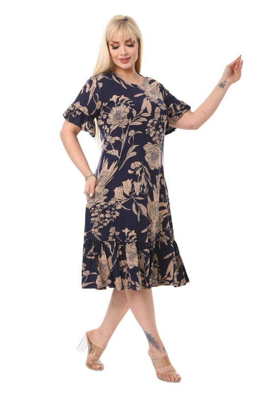 Navy Palm Ruffle Short Sleeve Women's Midi Plus Size Dress - Denoss