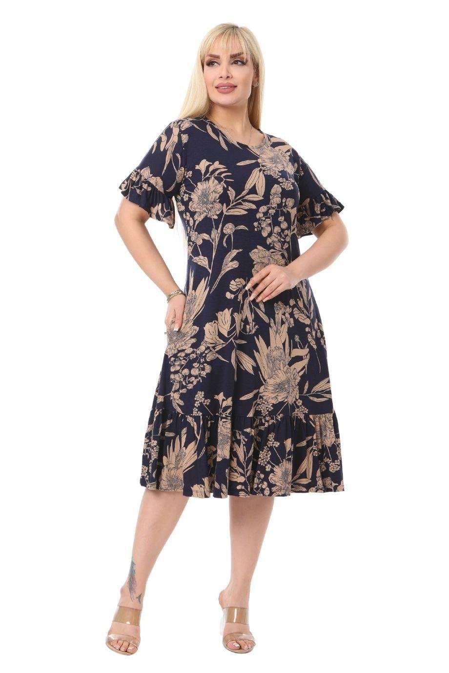 Navy Palm Ruffle Short Sleeve Women's Midi Plus Size Dress - Denoss