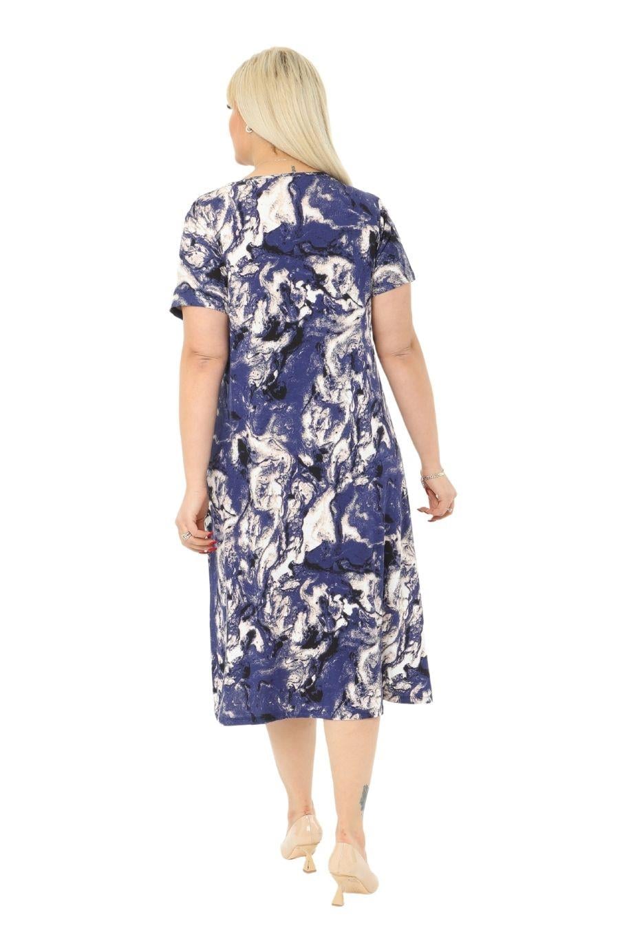 Blue Batik Pocket Short Sleeve Women's Midi Dress - Denoss