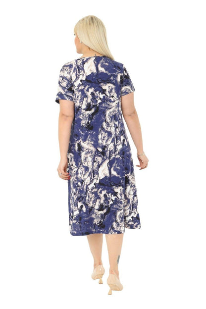Blue Batik Pocket Short Sleeve Women's Midi Dress - Denoss