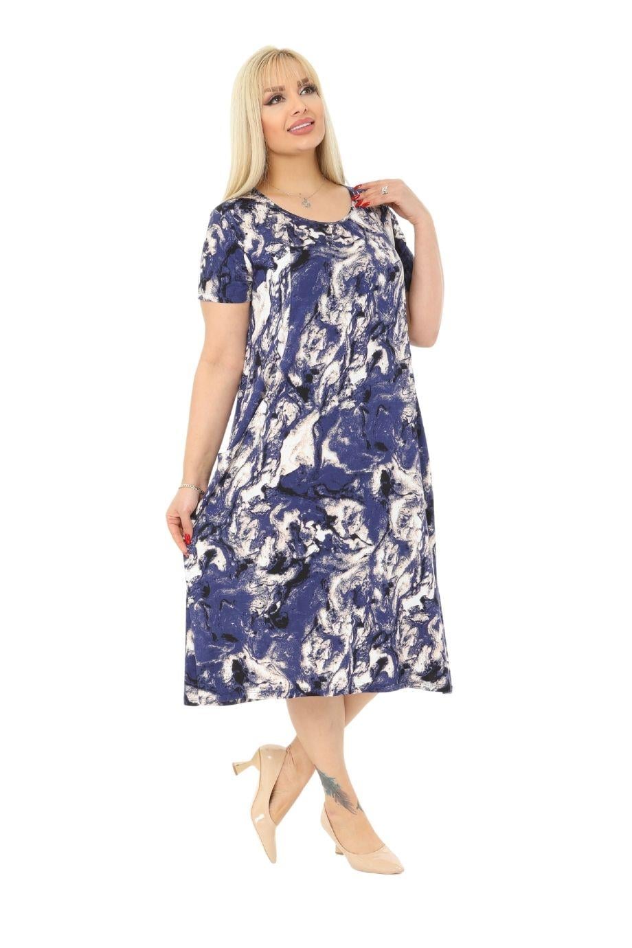 Blue Batik Pocket Short Sleeve Women's Midi Dress - Denoss