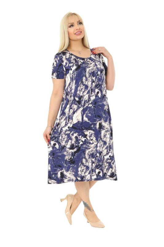 Blue Batik Pocket Short Sleeve Women's Midi Dress - Denoss