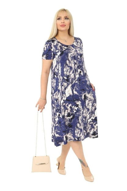 Blue Batik Pocket Short Sleeve Women's Midi Dress - Denoss