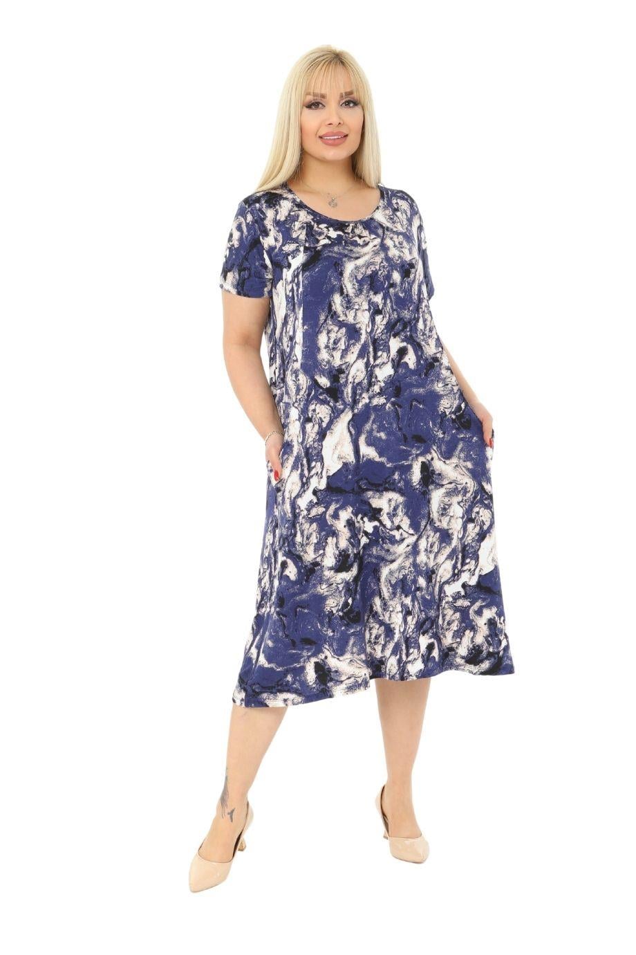 Blue Batik Pocket Short Sleeve Women's Midi Dress - Denoss