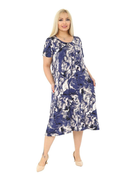 Blue Batik Pocket Short Sleeve Women's Midi Dress - Denoss