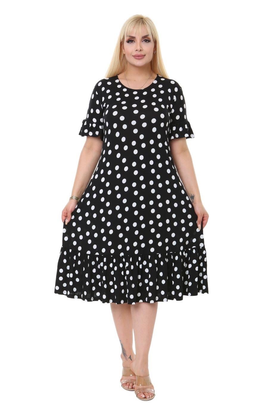 Polka Dot Pattern Pocket Ruffle Short Sleeve Women's Midi Plus Size Dress - Denoss