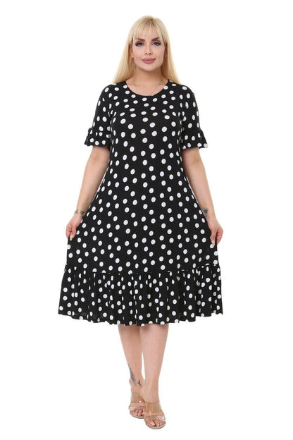 Polka Dot Pattern Pocket Ruffle Short Sleeve Women's Midi Plus Size Dress - Denoss