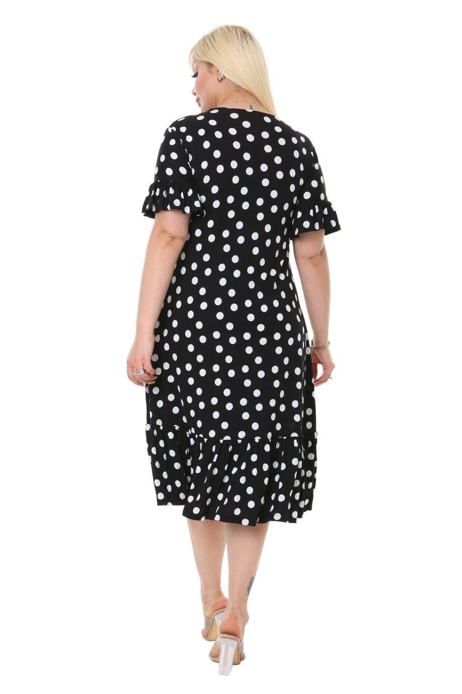 Polka Dot Pattern Pocket Ruffle Short Sleeve Women's Midi Plus Size Dress - Denoss