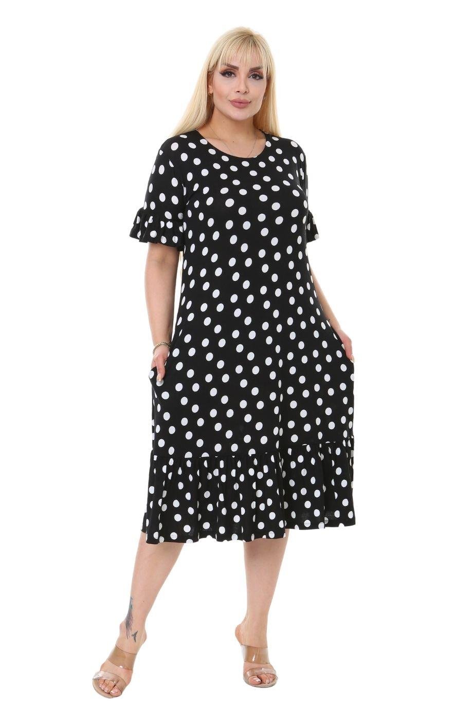 Polka Dot Pattern Pocket Ruffle Short Sleeve Women's Midi Plus Size Dress - Denoss