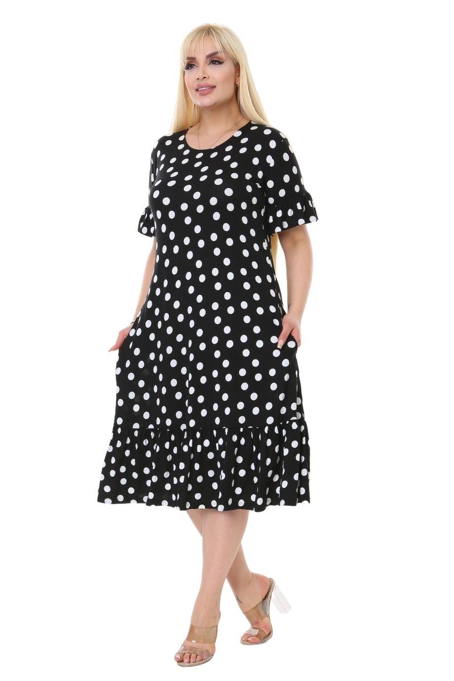 Polka Dot Pattern Pocket Ruffle Short Sleeve Women's Midi Plus Size Dress - Denoss