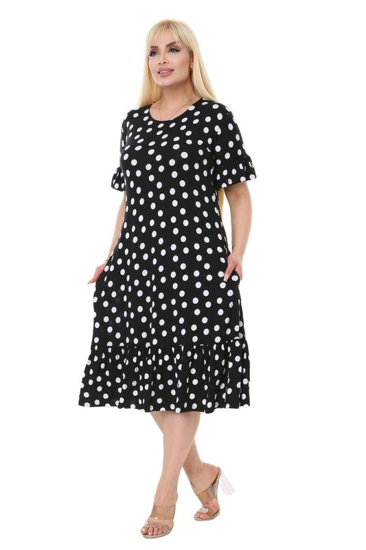 Polka Dot Pattern Pocket Ruffle Short Sleeve Women's Midi Plus Size Dress - Denoss
