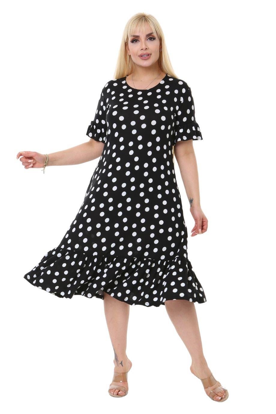 Polka Dot Pattern Pocket Ruffle Short Sleeve Women's Midi Plus Size Dress - Denoss