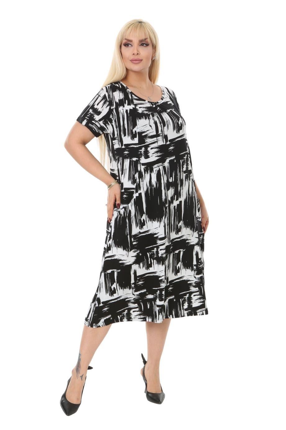 Black Brush Pattern Pocket Short Sleeve Women's Midi Dress - Denoss