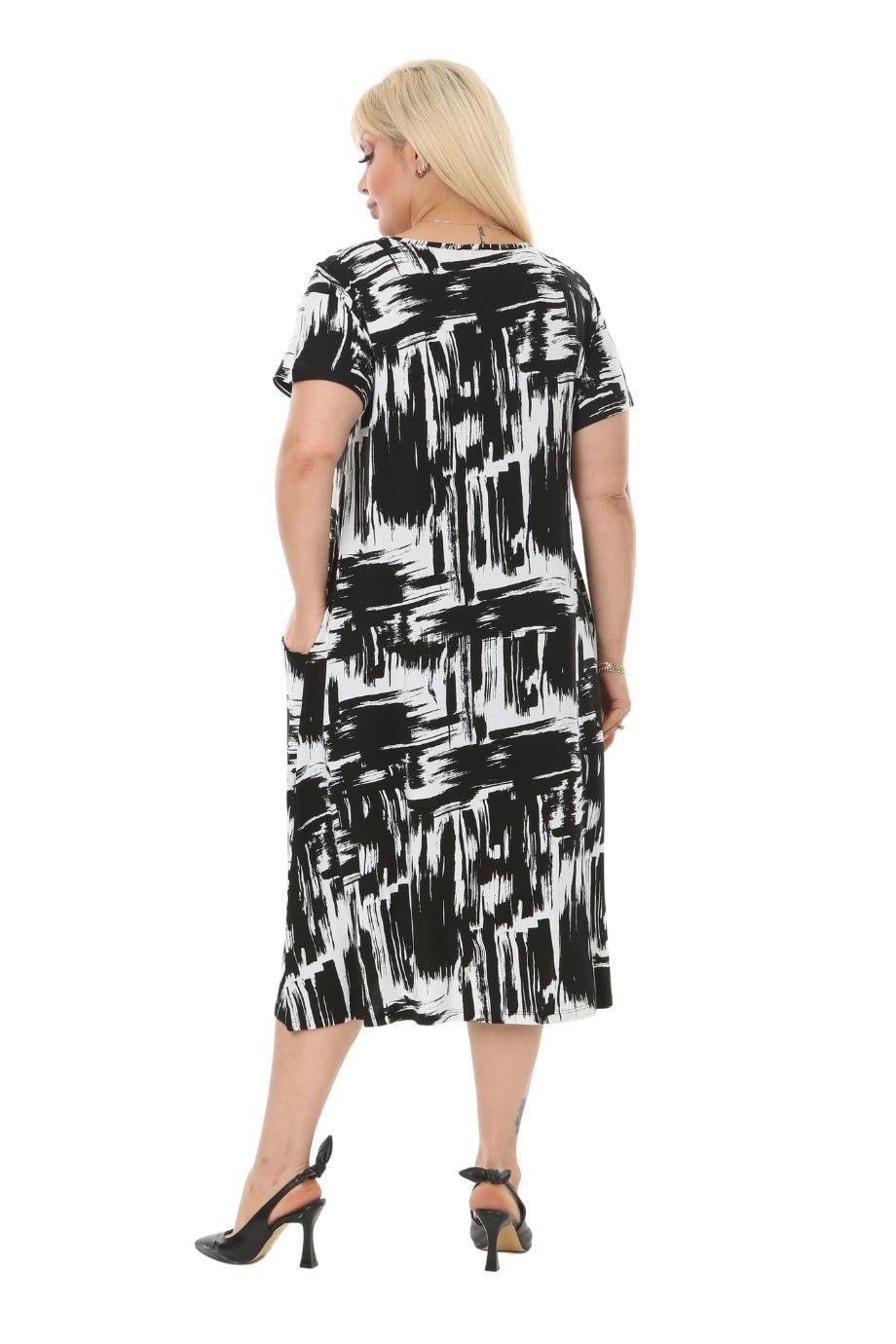 Black Brush Pattern Pocket Short Sleeve Women's Midi Dress - Denoss