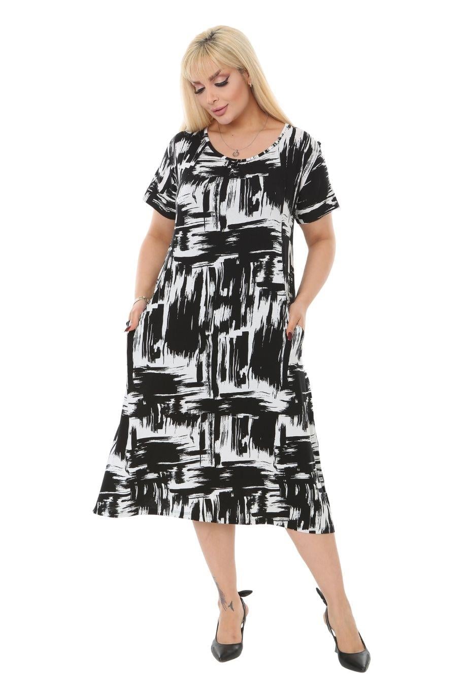 Black Brush Pattern Pocket Short Sleeve Women's Midi Dress - Denoss
